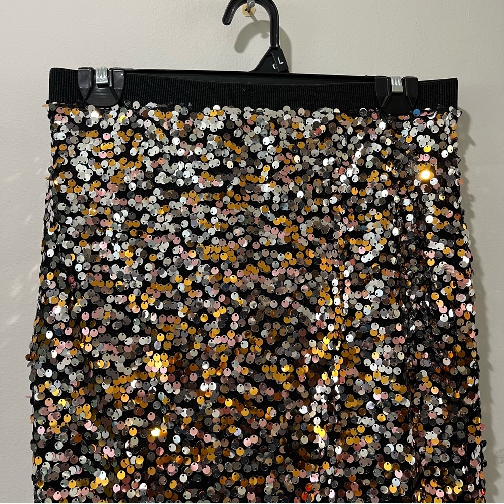 Women's Skirt Small Pencil Golden Sequin Embellished Waistband Party Gold Black - Picture 4 of 6